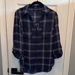 Fortune + Ivy Women's Navy Checkered Button Down Shirt